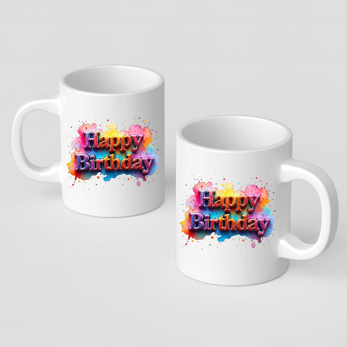 Two Happy Birthday mugs showing the print on both sides