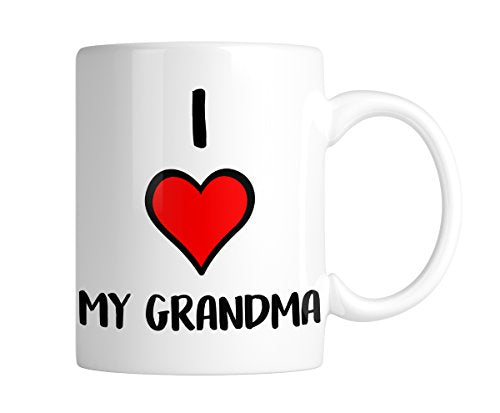 White mug with “I ❤ My Grandma” with a big red heart, handle on the right