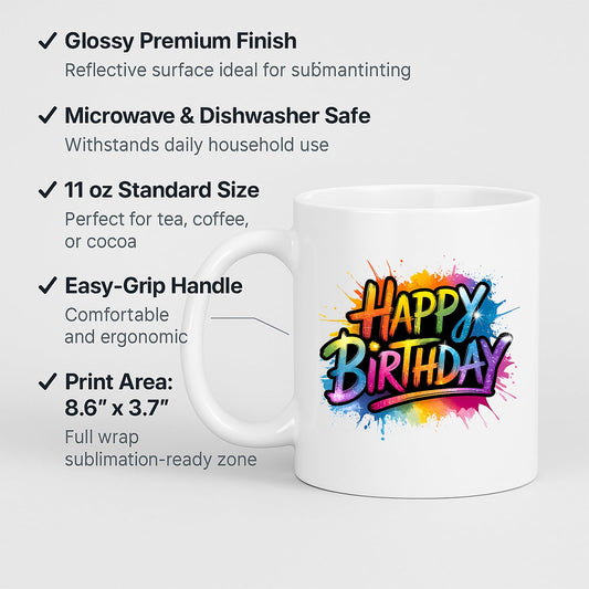 Happy Birthday mug with labels for 11oz size and easy-grip handle
