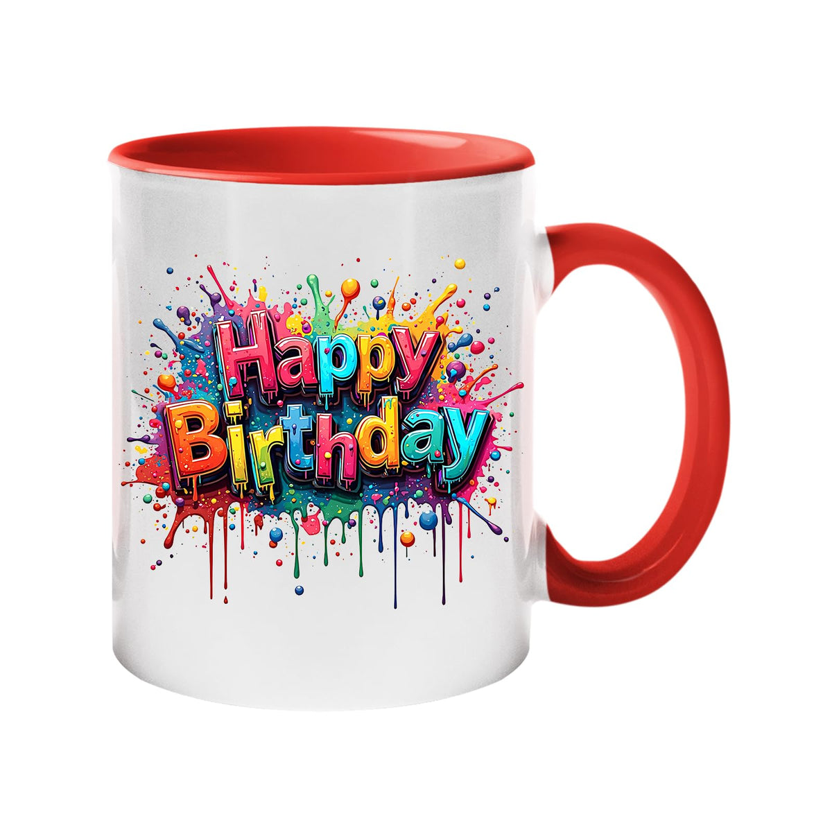 Colour handle mug with rainbow splash-script “Happy Birthday” lettering
