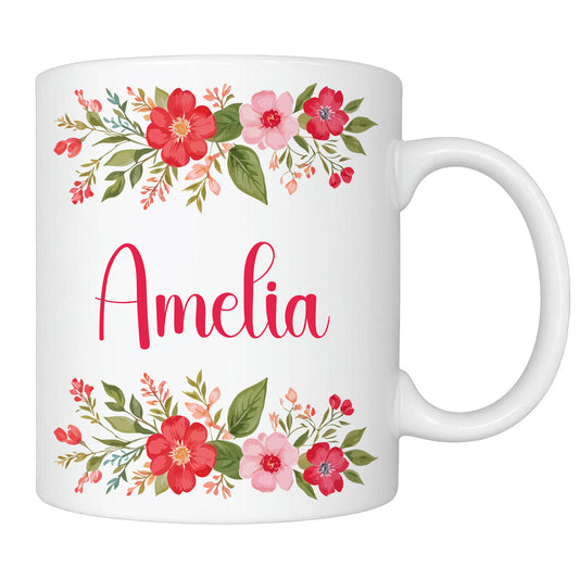 Personalised mug with pink flowers and an example name in script