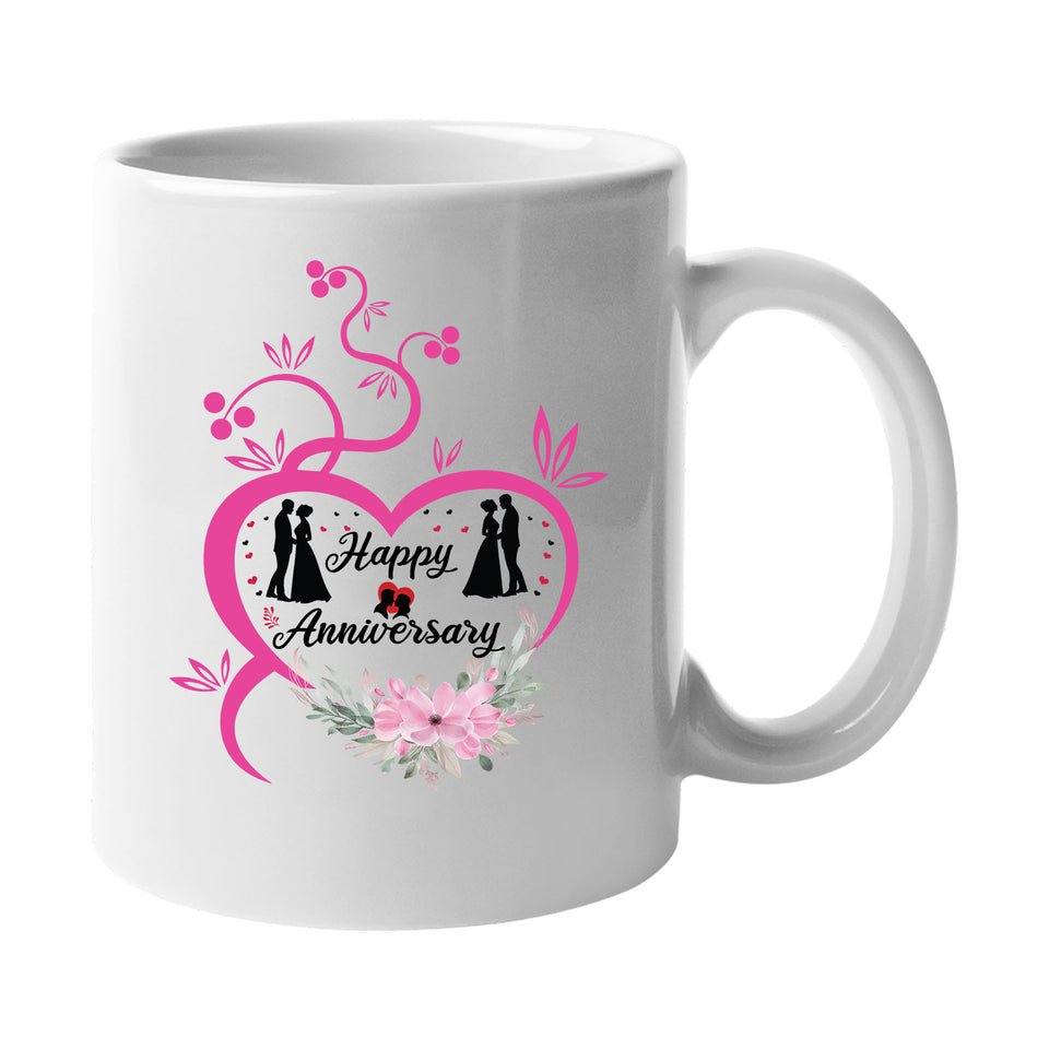 Romantic Happy Anniversary Mug – Pink Floral Heart Gift Present Cup