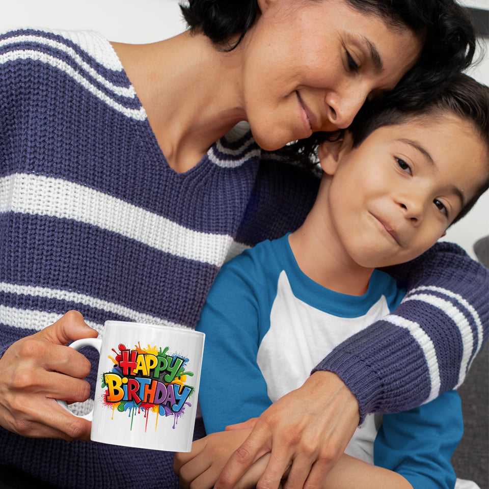Happy Birthday Mug Colourful Design Cup Funny Printed Birthday Gift for Unique Funny Birthday Present for Him Her Coworker Brother Sister Boss Mom Dad Tea Lover