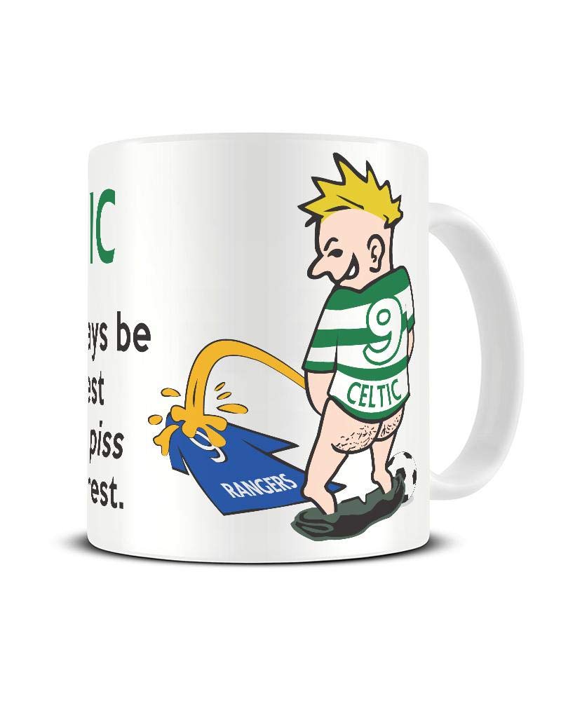 Wee On The Rival's Shirt mug – cartoon fan in a green and white hooped No. 9 shirt weeing on a blue rival shirt