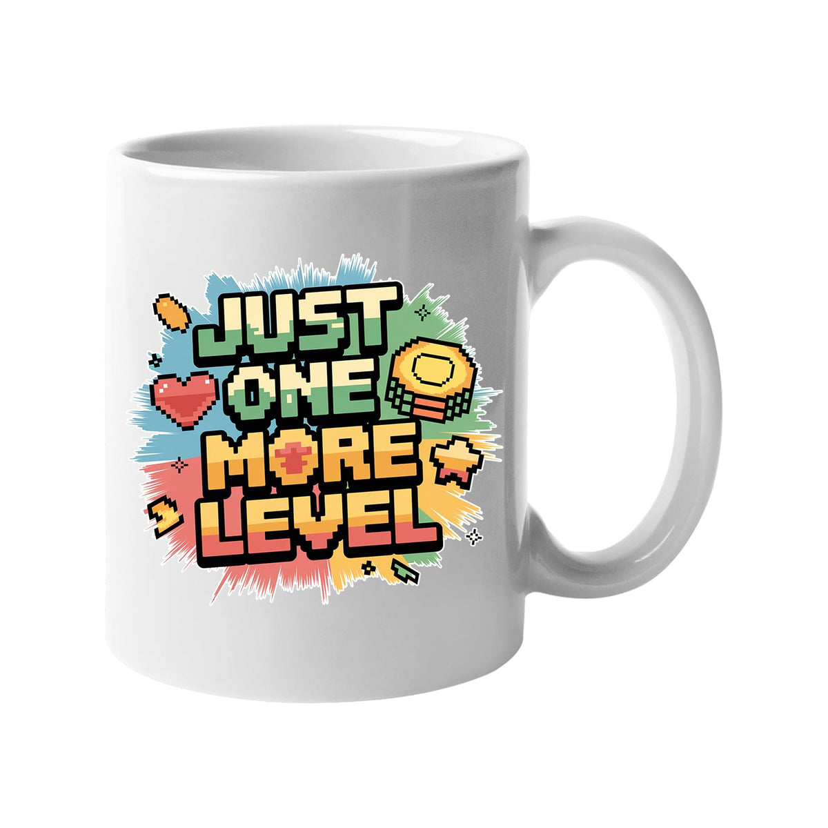White 11oz mug with a retro “Just One More Level” design with a heart and star