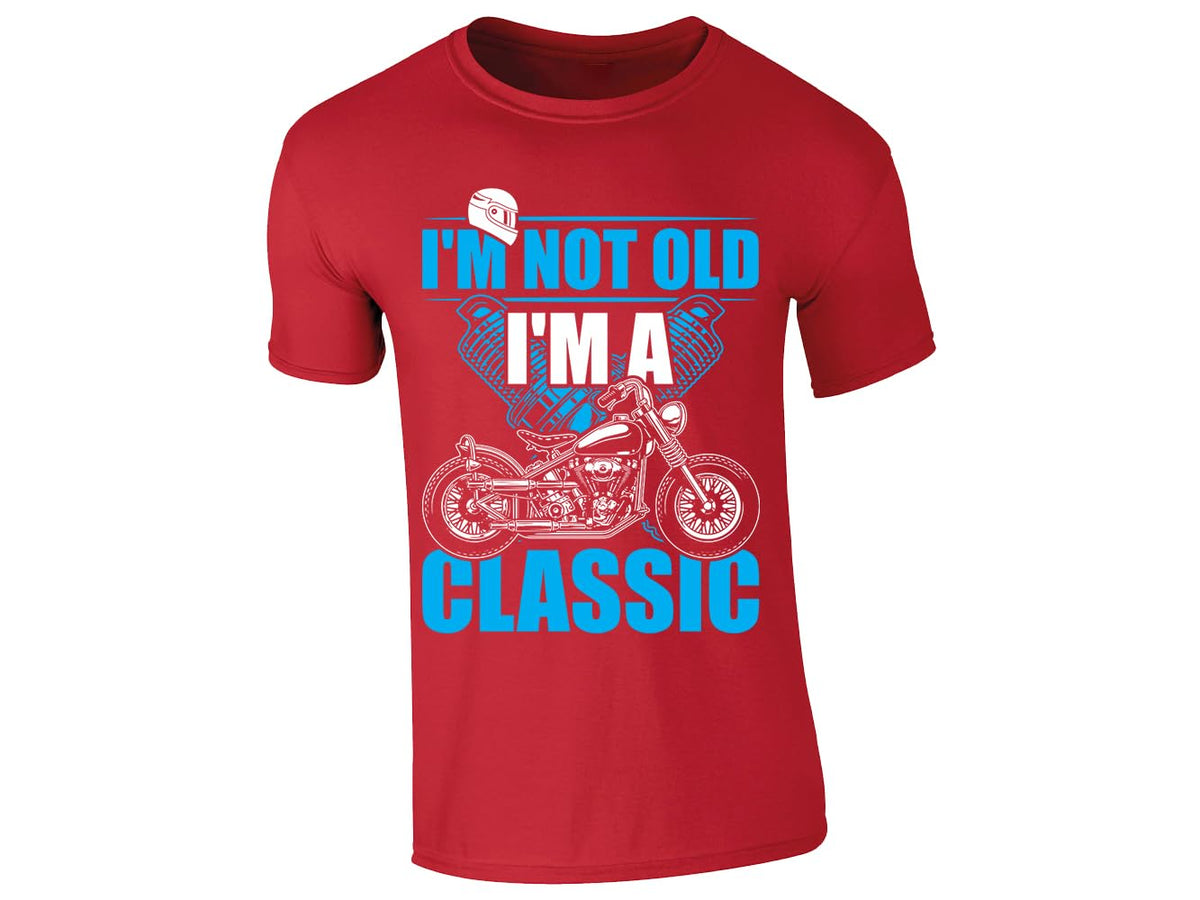 Red men's T-shirt with “I'm Not Old, I'm a Classic” with a vintage motorbike
