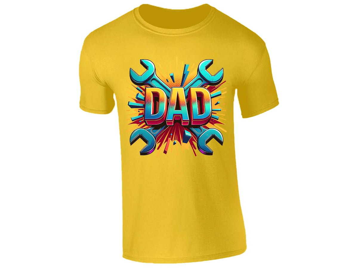 Yellow men's T-shirt with bold “DAD” lettering with crossed spanners and a colourful burst