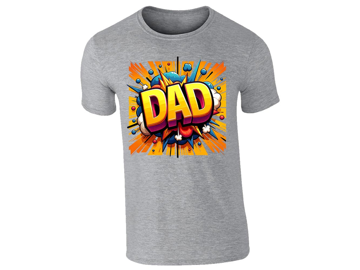 Heather grey men's T-shirt with “DAD” in bold yellow letters with a rainbow comic burst