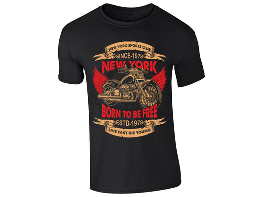 Royal blue men's T-shirt with a vintage-style classic biker motorcycle badge