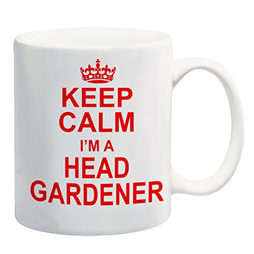 White mug with a red crown and “Keep Calm I'm A Head Gardener” in red capitals