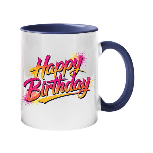 Colour handle mug with pink and yellow script “Happy Birthday” lettering