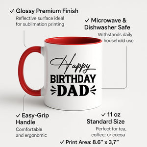 Best Happy Birthday Dad Colour Mug – Stylish 2025 Ceramic Coffee Cup with Inner/Handle Accent | Gift from Son or Daughter