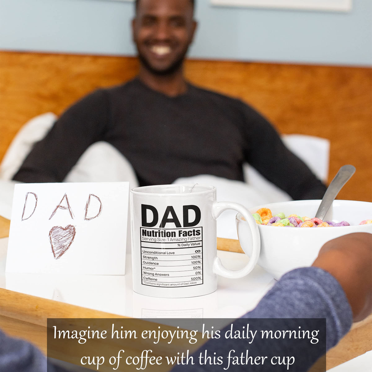 Smiling man with the Dad Nutrition Facts mug