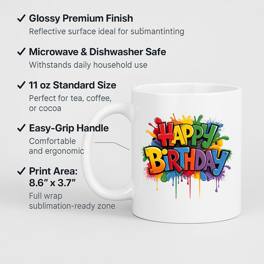 Happy Birthday mug with labels for 11oz size and easy-grip handle