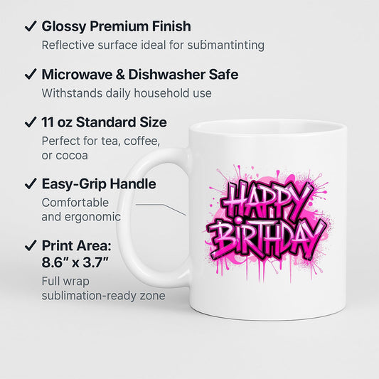 Happy Birthday mug with labels for 11oz size and easy-grip handle