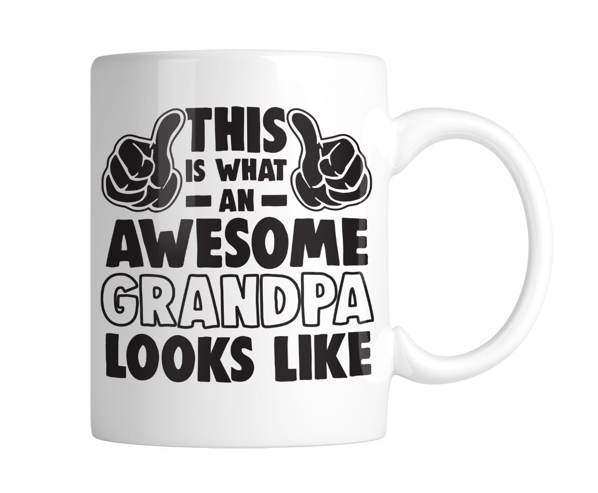 White mug with “This Is What an Awesome Grandpa Looks Like” with flexed arms, handle on the right
