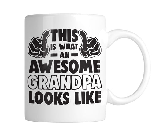 White mug with “This Is What an Awesome Grandpa Looks Like” with flexed arms, handle on the right