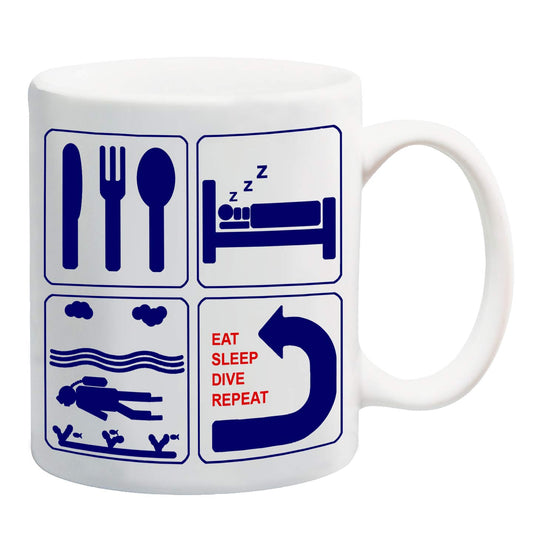 White mug with navy icons of cutlery, a bed, a scuba diver and a repeat arrow – Eat Sleep Dive Repeat