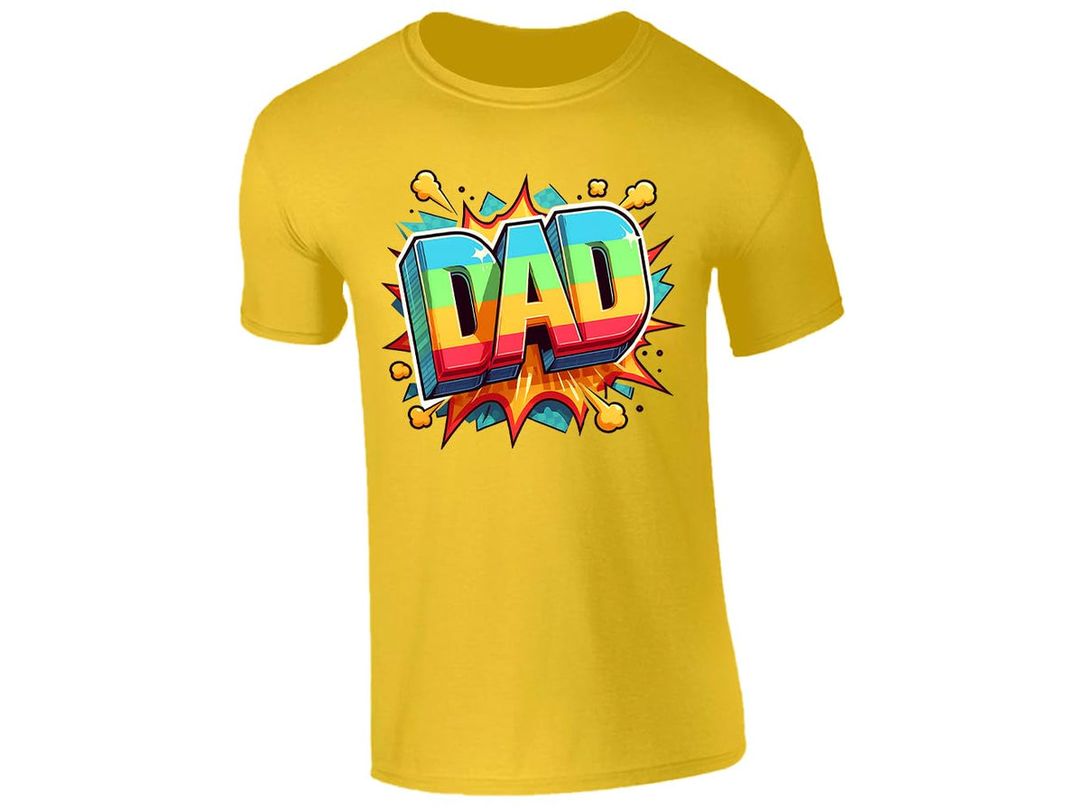 Yellow men's T-shirt with colourful pop-art “DAD” lettering with a starburst