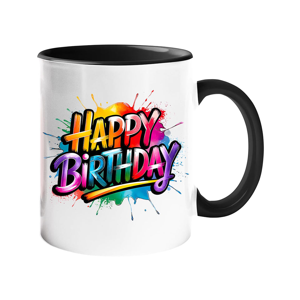 Colour handle mug with bold rainbow “Happy Birthday” lettering