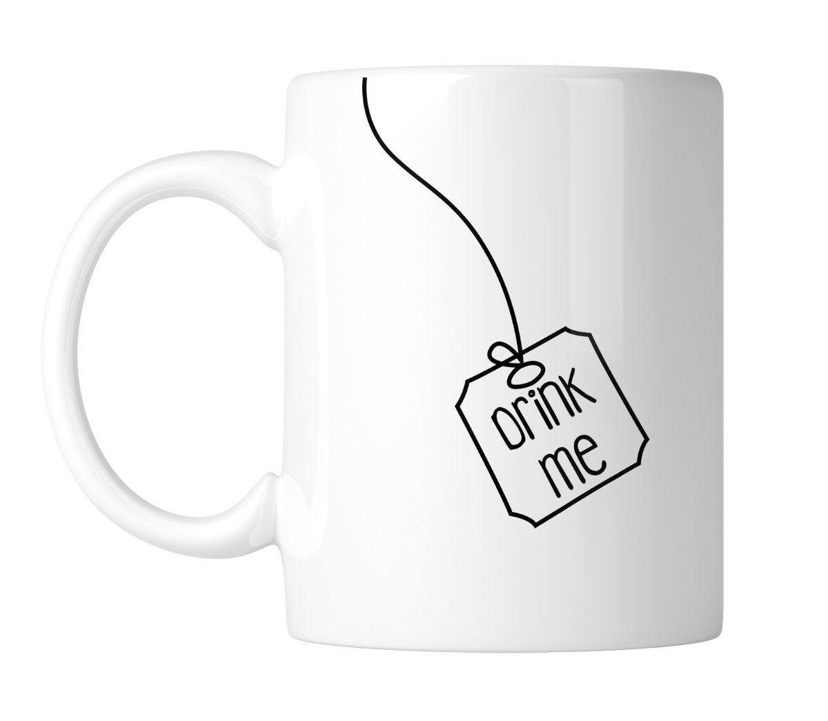White mug with a hanging tea-bag tag that says “Drink Me” in simple black line art, handle on the left