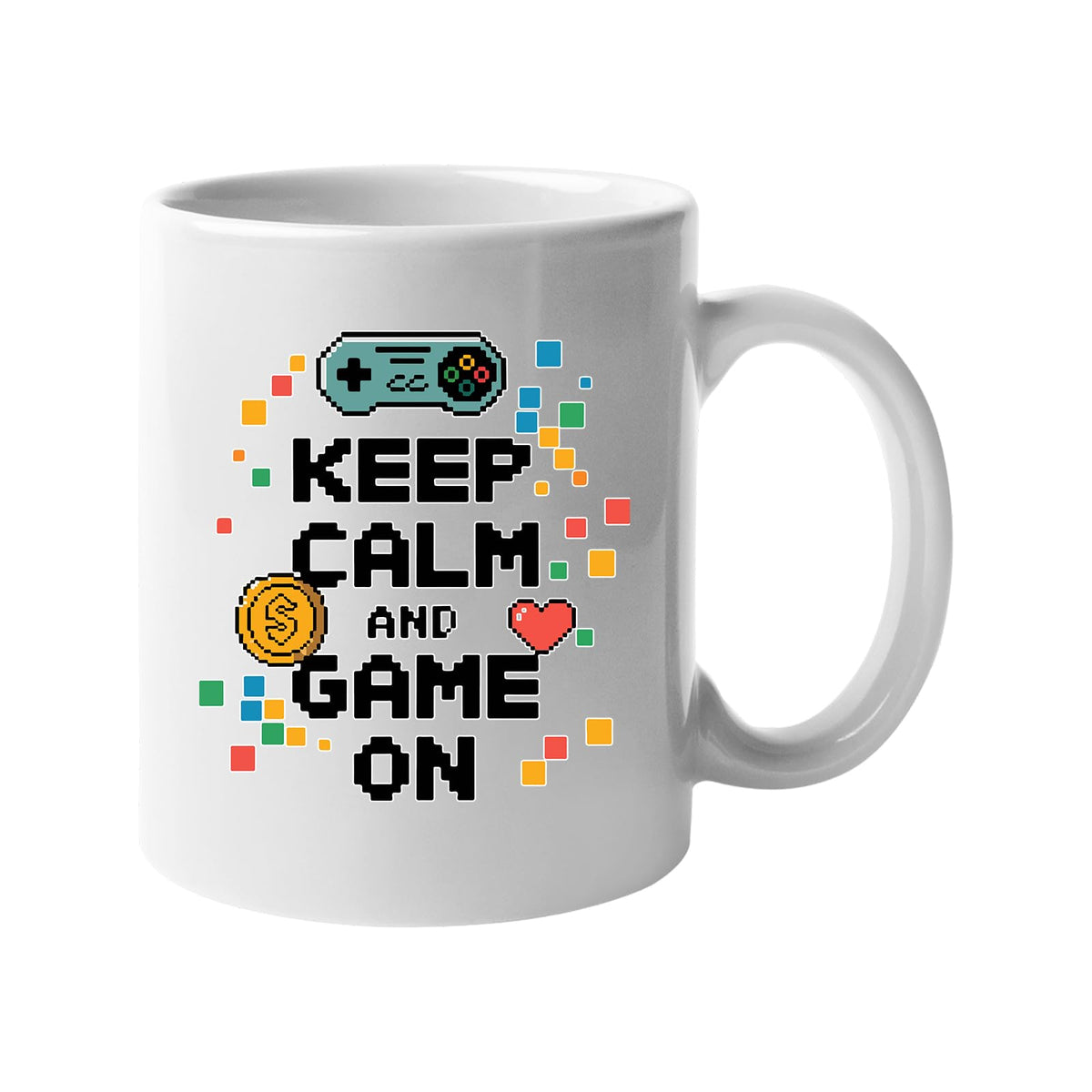 White 11oz mug with “Keep Calm and Game On” with a game controller and pixel coins