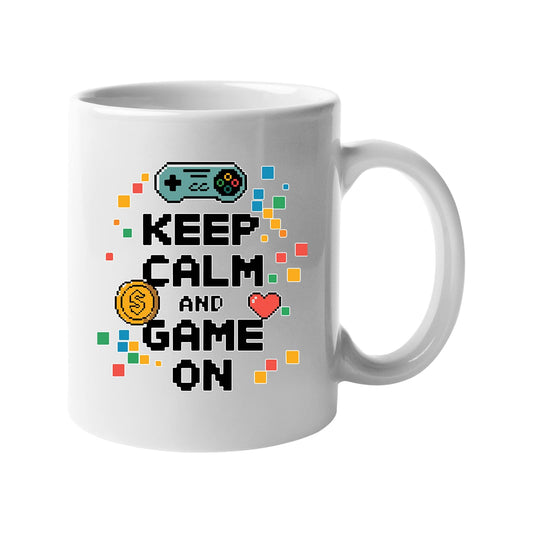 White 11oz mug with “Keep Calm and Game On” with a game controller and pixel coins