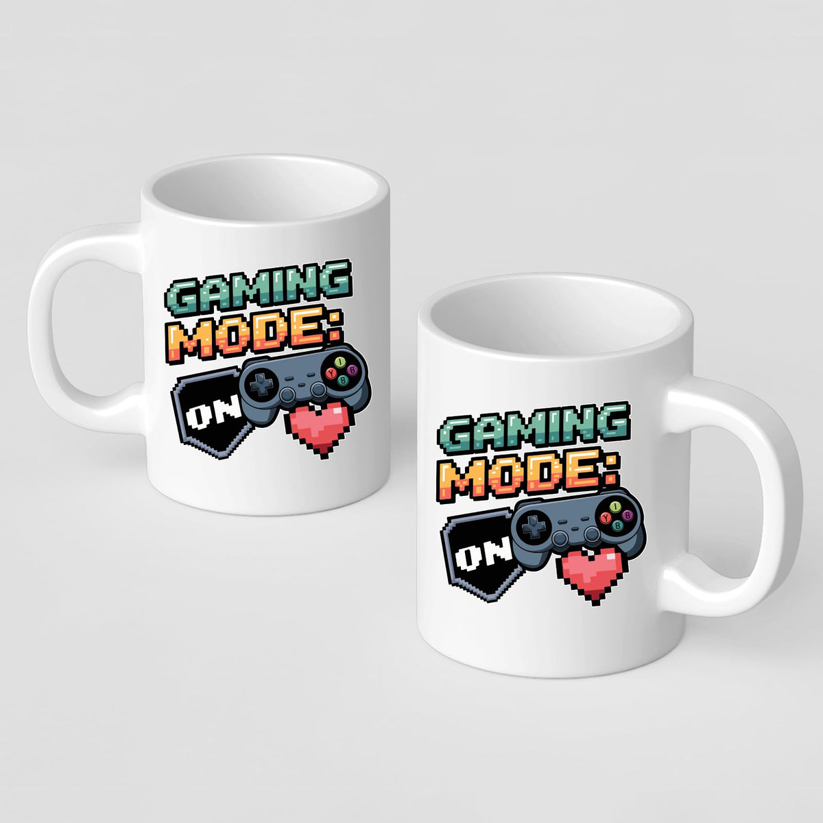 Two Gaming Mode On mugs showing the print on both sides