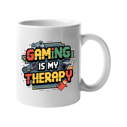White 11oz mug with colourful retro “Gaming Is My Therapy” lettering