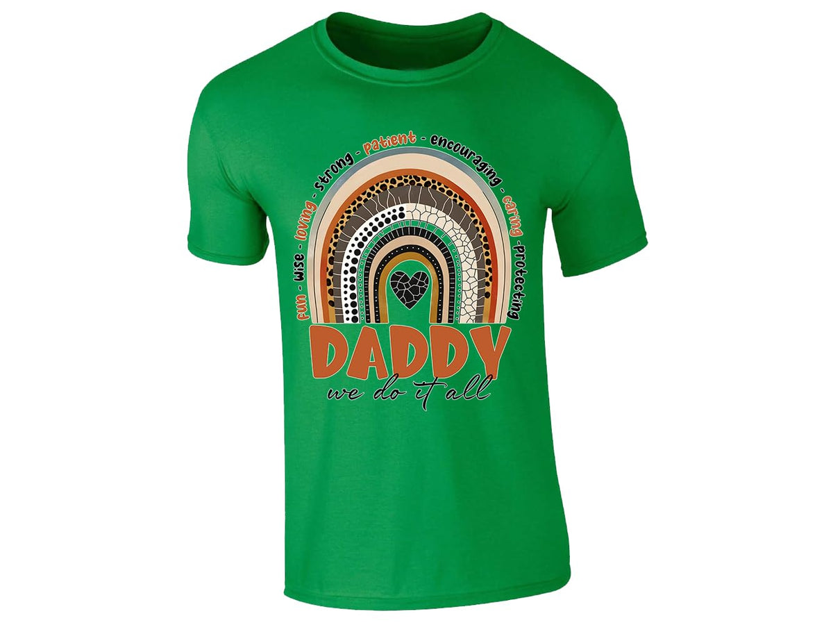 Irish Green men's T-shirt with Daddy rainbow design – “we do it all”