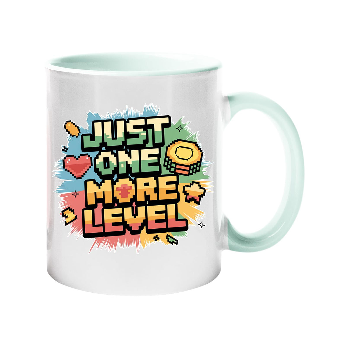 Colour handle mug with a retro “Just One More Level” design with a heart and star – mint green handle and inside