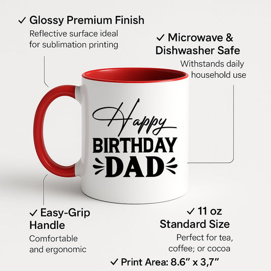 Colour handle mug with labels for 11oz size and easy-grip handle