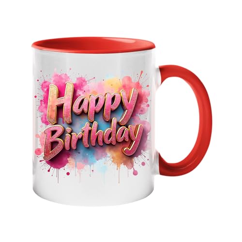 Colour handle mug with pink watercolour “Happy Birthday” lettering – red handle and inside