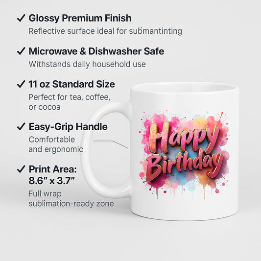 Happy Birthday mug with labels for 11oz size and easy-grip handle