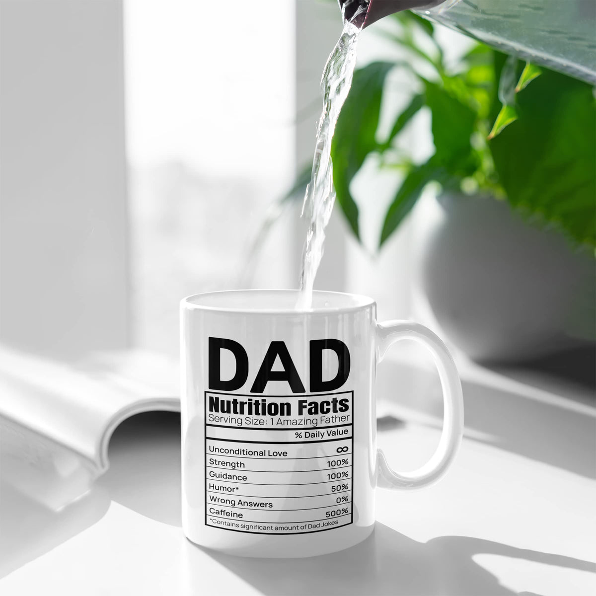 Dad Nutrition Facts mug beside a plant