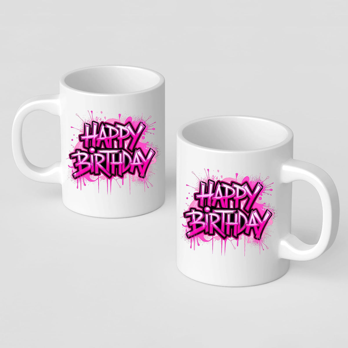 Two Happy Birthday mugs showing the print on both sides