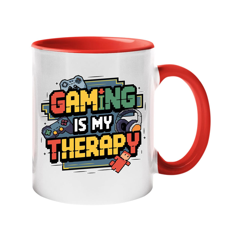 Colour handle mug with colourful “Gaming Is My Therapy” lettering – red handle and inside