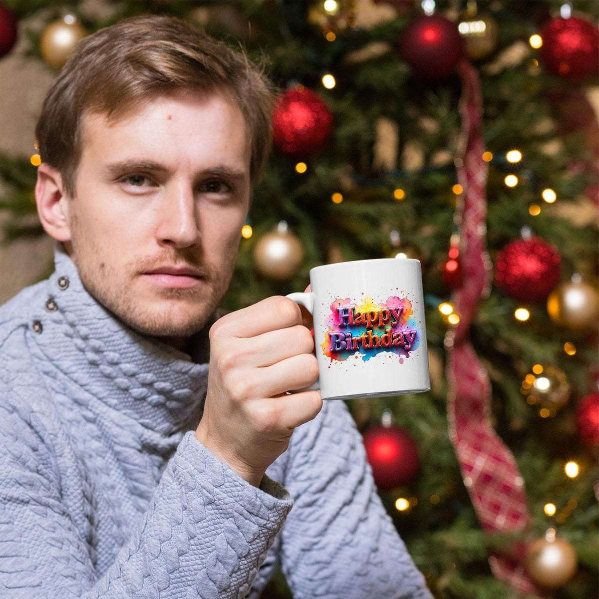 Man holding the Happy Birthday mug by a Christmas tree