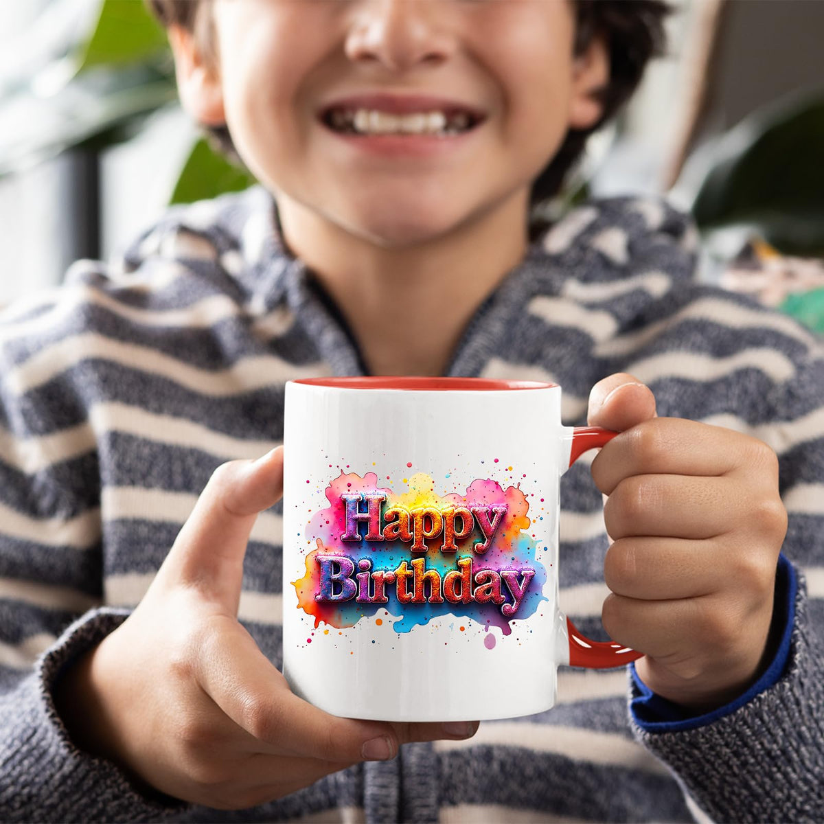 Smiling child holding the colour handle mug