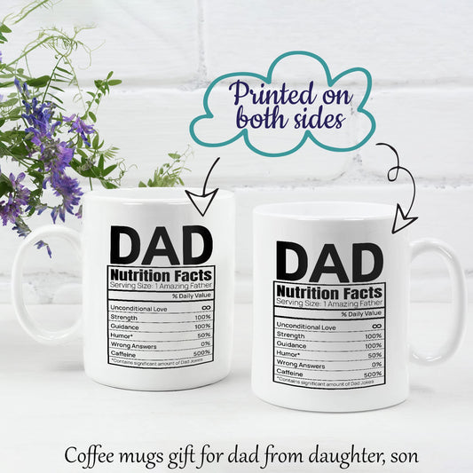 Two Dad Nutrition Facts mugs showing both printed sides