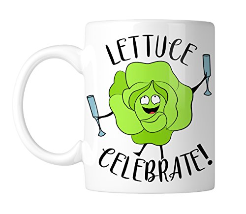 White mug with a cheerful lettuce raising a glass and “Lettuce Celebrate!”, handle on the left