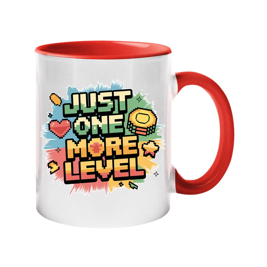 Colour handle mug with a retro “Just One More Level” design with a heart and star – red handle and inside