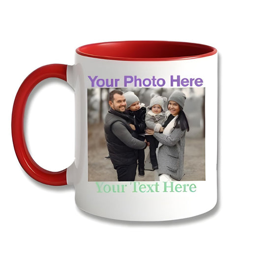 Colour handle mug with an example photo and text