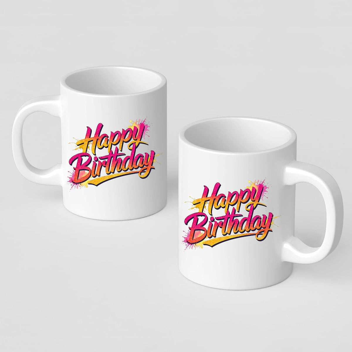 Two Happy Birthday mugs showing the print on both sides