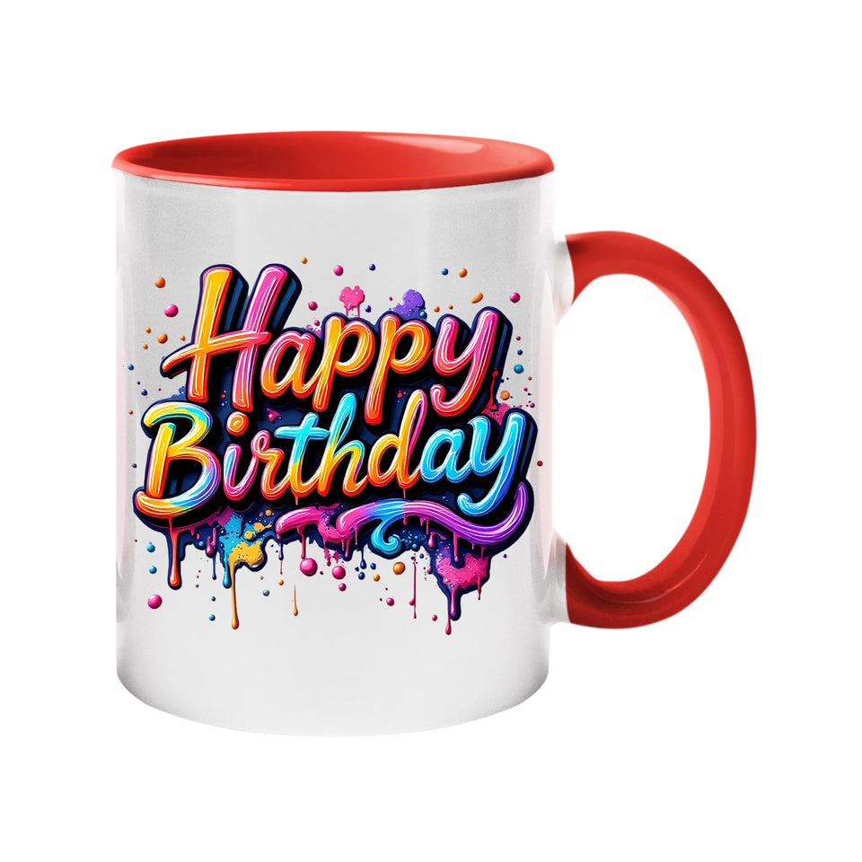 Happy Birthday Colour Mug – Vibrant Paint Drip Design Ceramic Cup for Men, Women & Kids