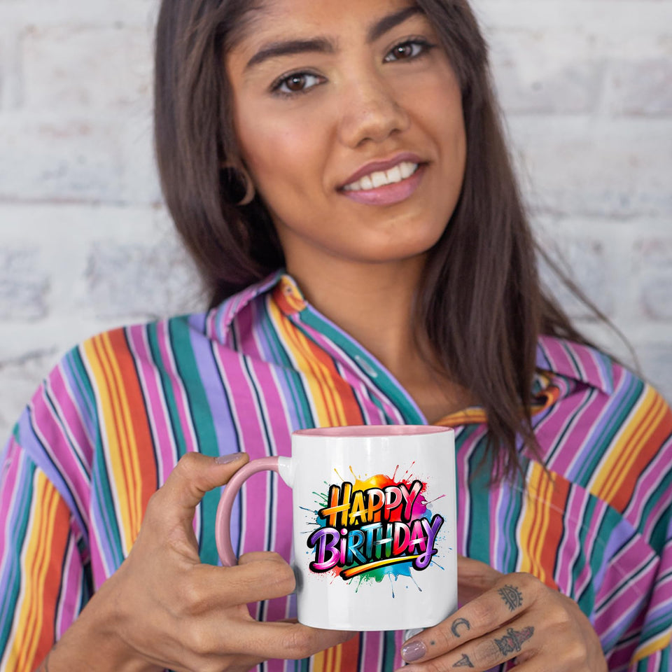 Woman in a striped shirt holding the colour handle mug