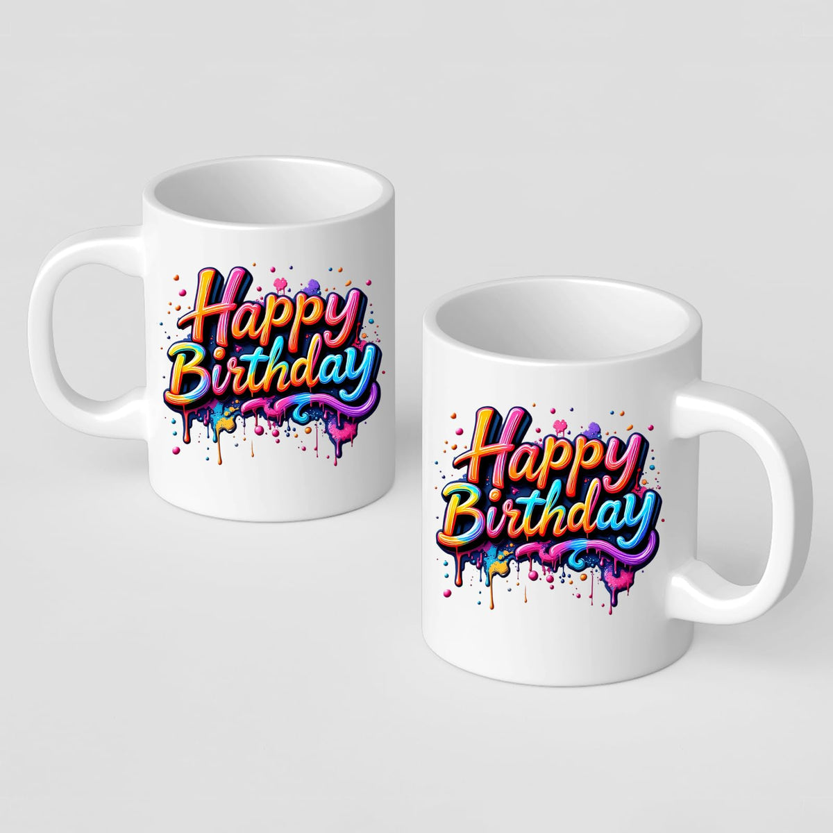 Two Happy Birthday mugs showing the print on both sides