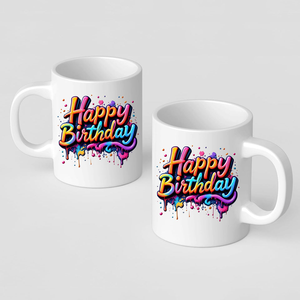 Happy Birthday Mug Colourful Paint Drip Design Fun Ceramic Coffee Cup Gift for Men Women or Kids Birthday Present for Friends Family Bright Tea Mug for Celebration Party