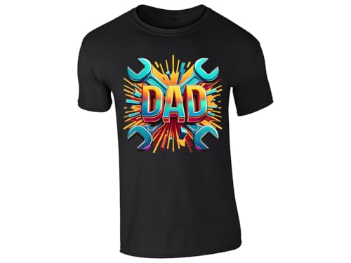 Royal blue men's T-shirt with bold “DAD” lettering with crossed spanners and a colourful burst