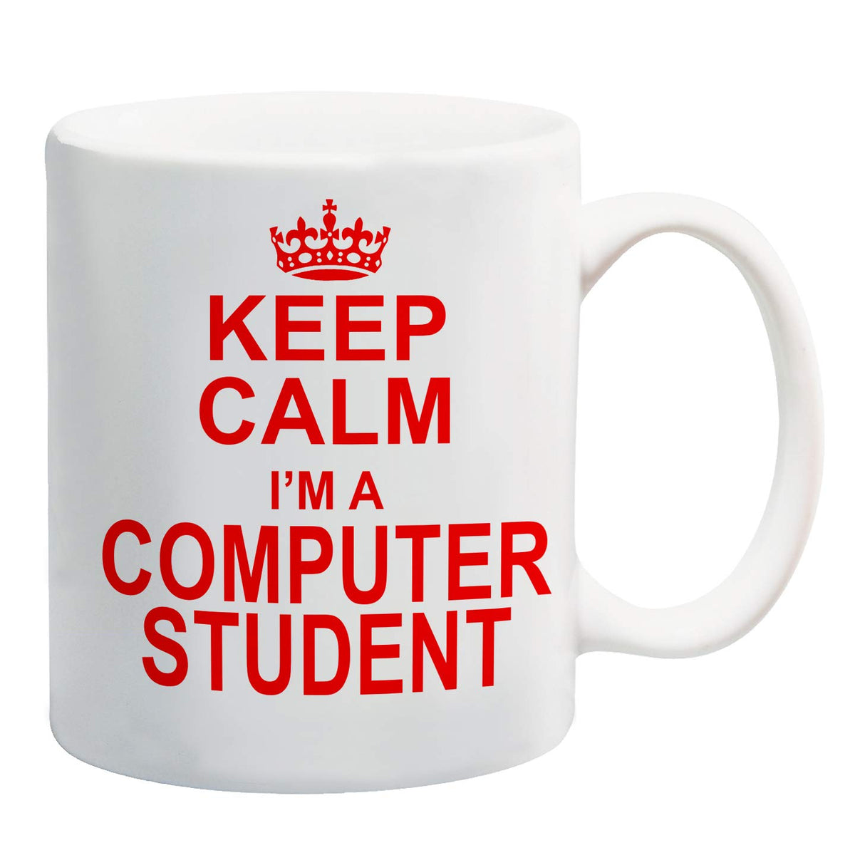 White mug with a red crown and “Keep Calm I'm A Computer Student” in red capitals